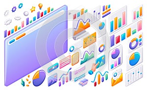 Large isometric set of business and financial icons. Cartoon diagrams and graphs for creating business illustrations