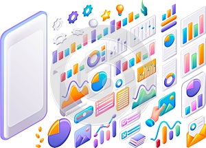 Large isometric set of business and financial icons. Cartoon diagrams and graphs for creating vector business