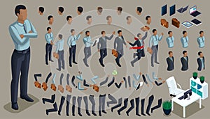 Large isometric Set of gestures of hands and feet 3d character of an African American businessman. Create your character