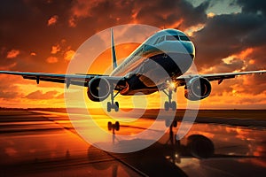 A large jet airliner takes off from an airport runway at sunset or dawn with its landing gear down