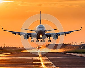 A large jet airliner takes off from an airport runway at sunset or dawn with its landing gear down.