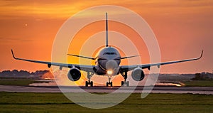 A large jet airliner takes off from an airport runway at sunset or dawn with its landing gear down.