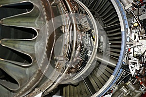 Large jet engine detail viewed from below