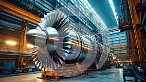 Large Jet Engine Displayed in Factory Workshop