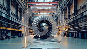 Large Jet Engine Displayed in Factory Workshop