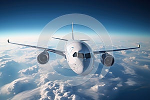 A large jetliner flying through a blue cloudy sky