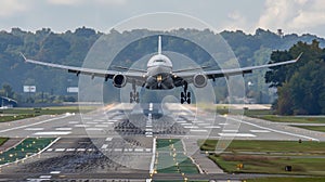 A large jetliner taking off from an airport runway at noon