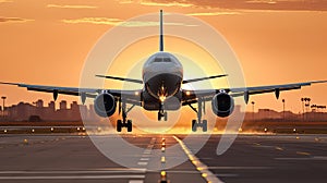 A large jetliner taking off from airport runway at sunset or dawn with the landing gear down and the landing gear down, as the