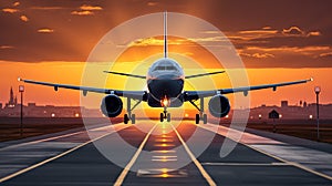 A large jetliner taking off from an airport runway at sunset or dawn with the landing gear down and the landing gear down, as the