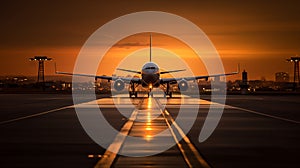 A large jetliner taking off from an airport runway at sunset or dawn with the landing gear down and the landing gear down, as the