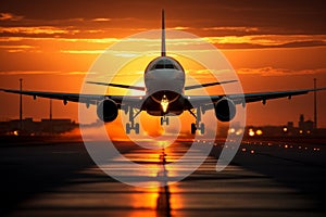 A large jetliner taking off from an airport runway at sunset or dawn with the landing gear down. Tourism and travel concept