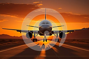 A large jetliner taking off from an airport runway at sunset or dawn with the landing gear down. Tourism and travel concept