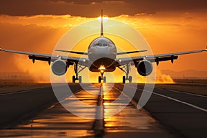 A large jetliner taking off from an airport runway at sunset or dawn with the landing gear down. Tourism and travel concept