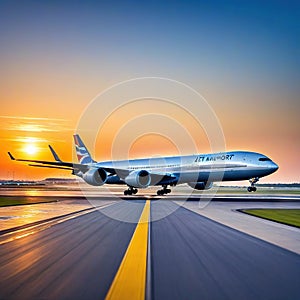 large jetliner taking off from anrport runway at sunset or dawn with the landing