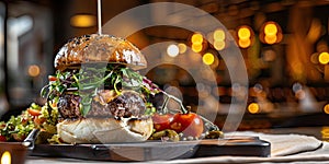 A large juicy burger with a beef patty on a wooden board. The interior of the evening restaurant