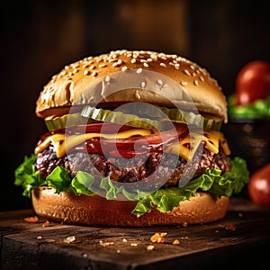 Large, juicy burger sits on wooden cutting board. The burger is topped with lettuce and tomato, as well as cheese