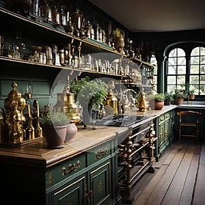 large kitchen area in a very fancy house with old fashioned pots on the shelfs