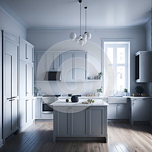 A large kitchen with a center island in the middle of the room