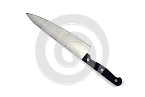 Large kitchen knife isolated on white background chef tool sharp stainless steel metal blade black handle cook utensil butcher cut