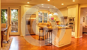 Large kitchen with recessed lighting, wood floors