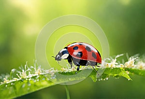 Large ladybug close up in green nature