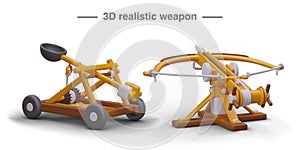 Large land based ancient weapon. Catapult on wheels and rotating crossbow