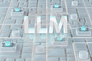 Large Language Model LLM concept. Rendering of a 3d text with neural network infrastructure in a cloud data center