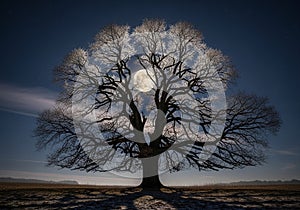 A large, leafless tree stands centered against a night sky, with a