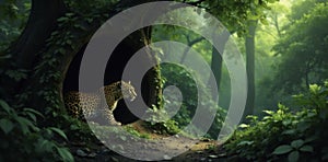 Large leafy canopy shelters a curious leopard, jungle, leafy greens, hideaway