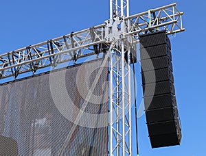 Large LED panel and speakers on the pole