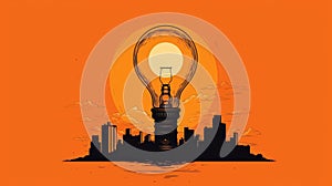 Large light bulb, which is shining brightly in night sky. It appears to be suspended above an urban cityscape, possibly