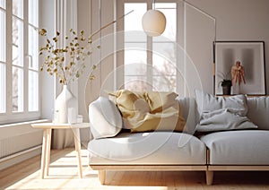 Large light sofa in scandinavian cozy style living room.Macro.AI Generative