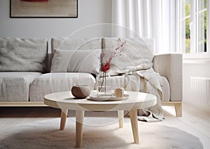 Large light sofa in scandinavian cozy style living room.Macro.AI Generative