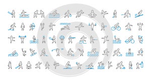 Large line set of sports icons. Vector linear symbol of sportsme