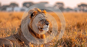 Large lion laying in yellow grass after hunting on large safari valley background.Macro.AI Generative