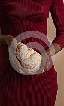 famele hands holding lion mane mushroom