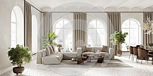 Large living room with arch windows, furnished with modern sofa and dining table, 3d render