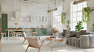 Large living room with brick white wall, wooden furniture and lots of plants. Loft, industrial style, 3d render