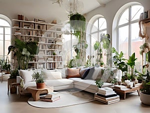 Interior design with coaches, bookshelf, wide windows and indoor plants photo