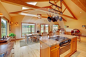 Large living room on the ranch with kitchen.