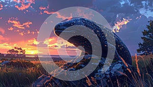 Large lizard on rock at sunset