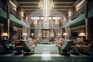 Large lobby interior with chairs and tables, showcasing arts and crafts, maximalist, and art deco styles.