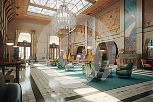 Large lobby interior with chairs and tables, showcasing arts and crafts, maximalist, and art deco styles.