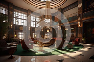 Large lobby interior with chairs and tables, showcasing arts and crafts, maximalist, and art deco styles.