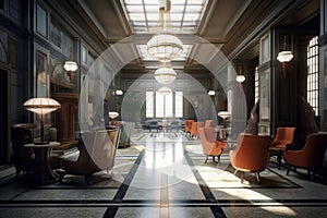 Large lobby interior with chairs and tables, showcasing arts and crafts, maximalist, and art deco styles.