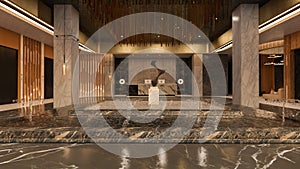 Large lobby in a modern luxury hotel with fountain and pool in front of reception. 3D render