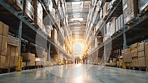 Large logistics warehouse interior with workers in safety vests