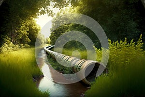 large long pipe for discharge of sewage in midst of beaful nature