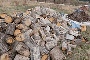 Large lumber sawed log stacked firewood wood lumber timber stack logs pile, wood lumber