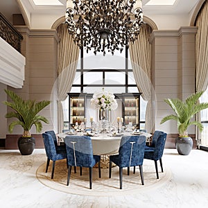 Large luxurious dining table in the large living room with high ceilings in a modern classic style with blue chairs and a white